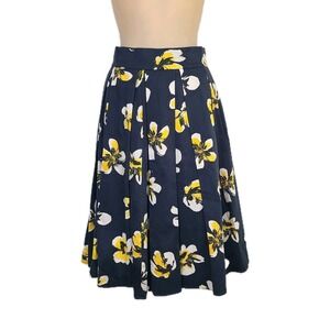 Anne Fontaine A-Line Pleated‎ Skirt Cotton  Floral Navy Yellow 36 EU 0-2 US Work